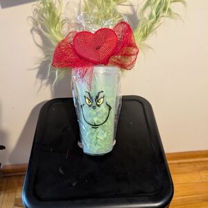 Grinch-Themed Holiday Cup with Red Bow
